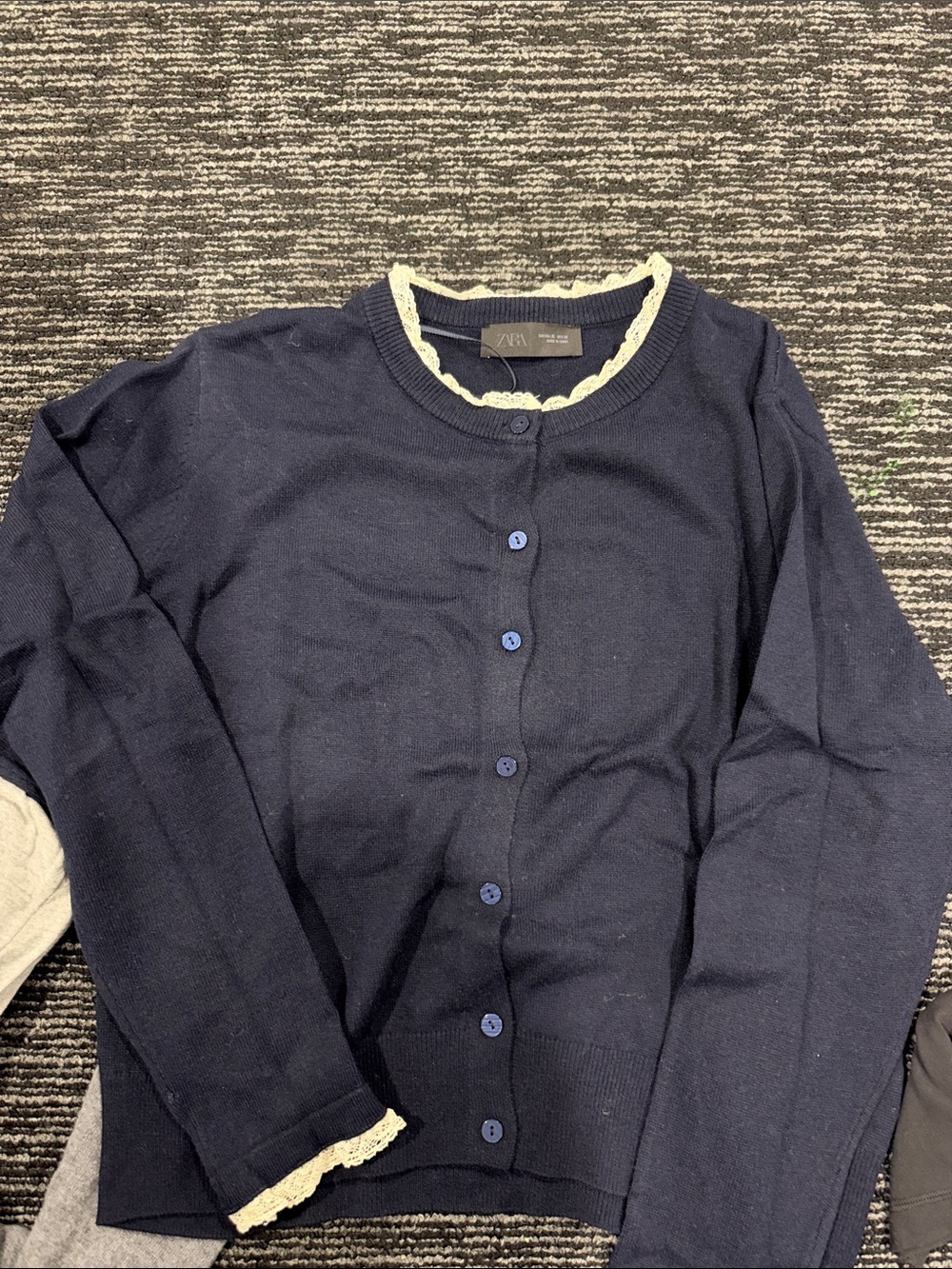 Zara Navy Cardigan with Cream Scallop Trim